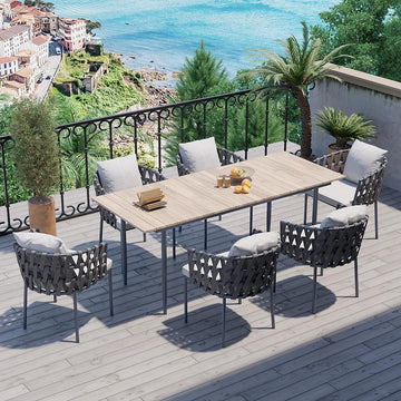 7Pcs Mid Century Modern Aluminum Outdoor Dining Set for 6 with Wood Table Natural & Gray